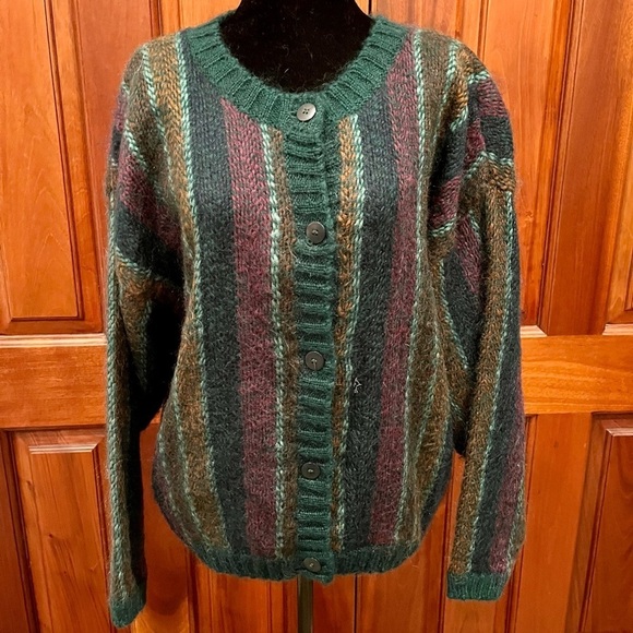 VTG Pasta Acrylic Wool Mohair Blend Fuzzy Cardigan Sweater Striped Sz M - Picture 1 of 7